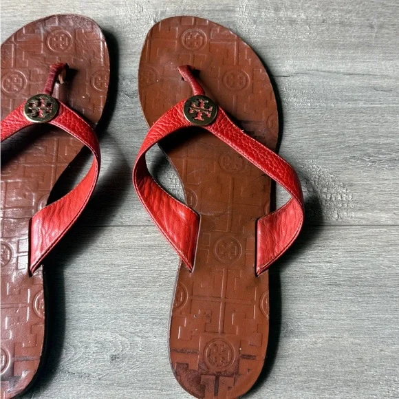 Tory Burch Red Leather Flip Flops Size 9 - Picture 6 of 10